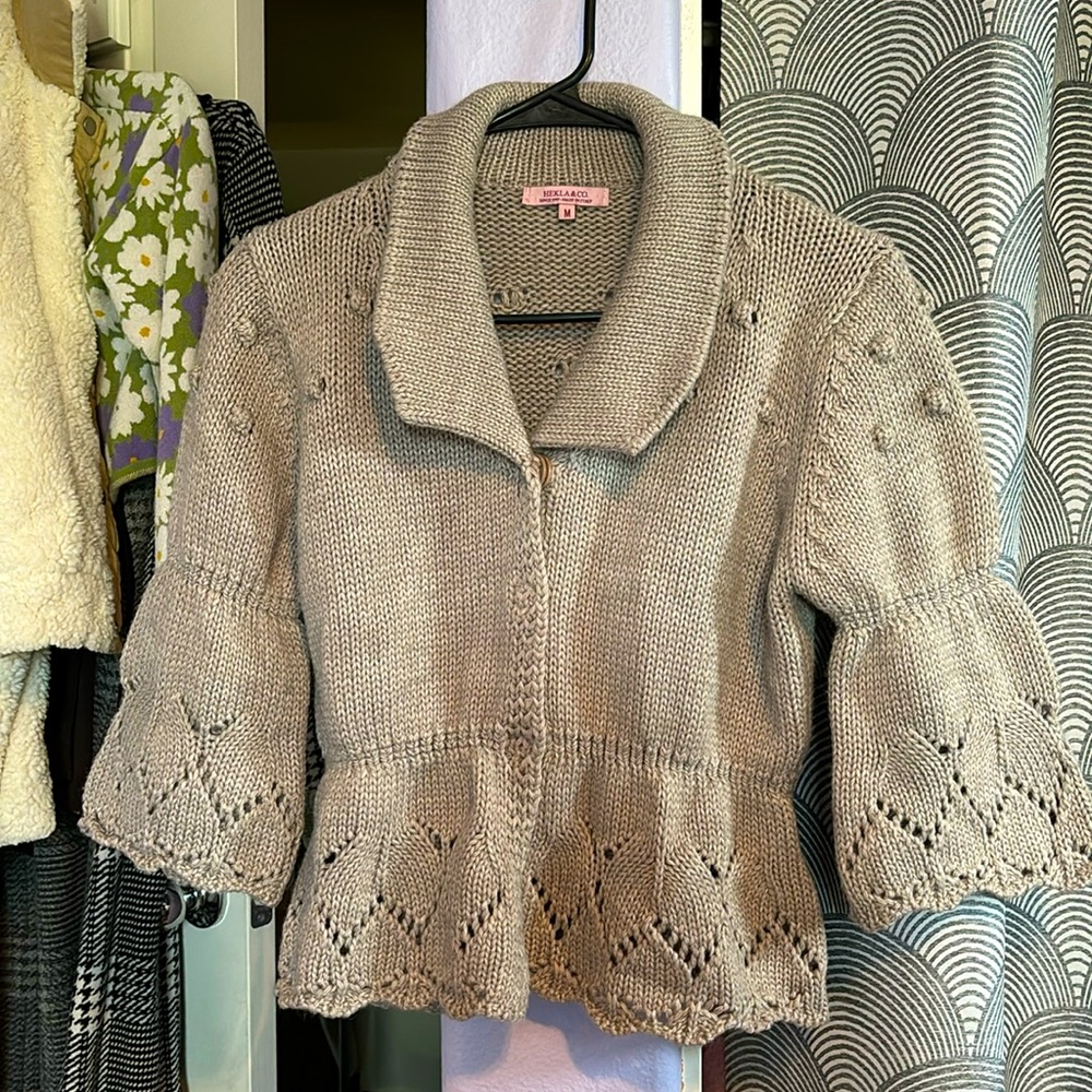 Anthropologie Hekla & Co Made in Italy Tan Crochet Eyelets Peplum Sweater - Med
